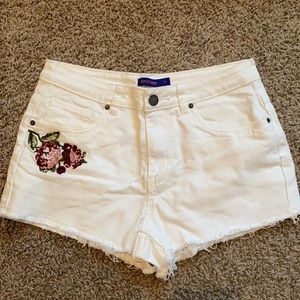 Flower Embroidered White Denim Shorts